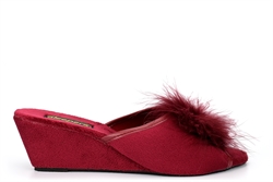 Sleepers Womens Jewelled Rosette Boa Wedge Mule Slippers Burgundy
