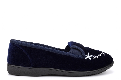 Zedzzz Womens Gail Twin Gusset Slip On Embroidered Slippers Navy