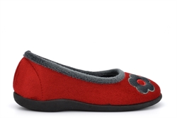 Sleepers Womens June Flower Ballerina Memory Foam Slippers With Rubber Sole Red