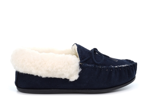 Mokkers Womens Emily Real Suede Moccasin Slippers With Wool Mix Warm Lining And Outdoor Sole Navy