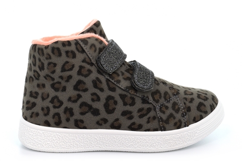 Chatterbox Girls Shoot High Top Trainers With Glitter Straps And Fleecy Lining Grey Leopard Print