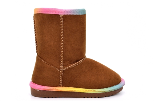 Girls Sugar Faux Fur Lined Chestnut Rainbow Trim Pull On Calf Boots Brown