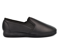 Sleepers Mens Hadley Slip On Gusset Genuine Leather Slippers With Rubber Sole Black