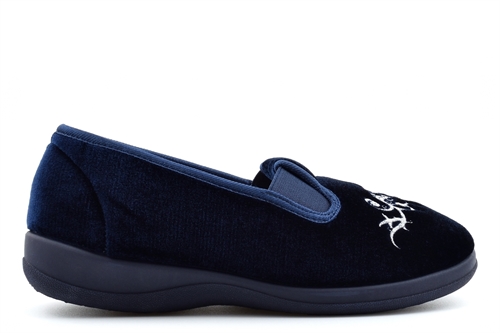 Dr Lightfoot Womens Gemma Slip On Wide Fit Slippers With Embroidered Upper Navy Blue