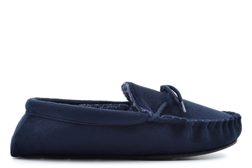 Mens Faux Suede Moccasin Slippers With Warm Fleece Lining Navy Blue