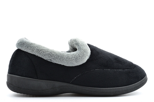 Dr Lightfoot Womens Bridget Full Collar Memory Foam Slip On Slippers With Warm Fleece Lining Black