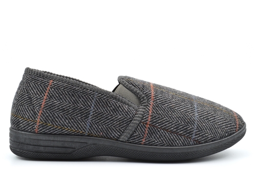 Zedzzz Mens Twin Gusset Slip On Carpet Slippers With Herringbone Textile Upper Grey