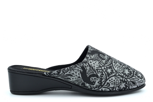 Sleepers Womens Priya Wedge Heel Slip On Mule Slippers With Brocade Textile Upper Black/Silver