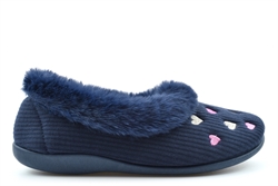Sleepers Womens Daisy Memory Foam Slippers With Faux Fur Full Collar And Hearts Detail Navy Blue