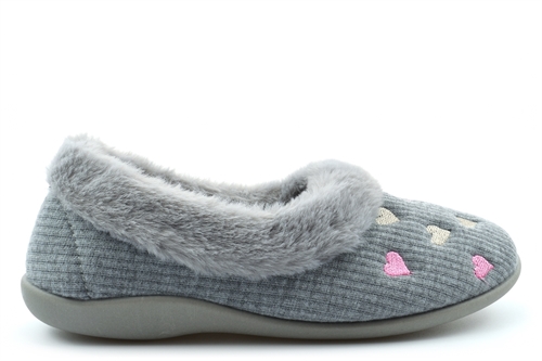 Sleepers Womens Daisy Memory Foam Slippers With Faux Fur Full Collar And Hearts Detail Grey