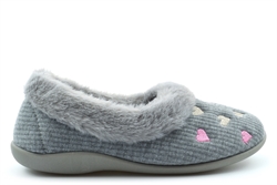 Sleepers Womens Daisy Memory Foam Slippers With Faux Fur Full Collar And Hearts Detail Grey