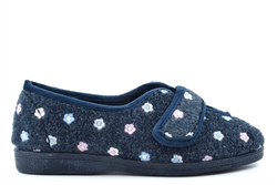 Sleepers Womens Matilda V Cut Touch Fastening Wide Fit Slippers Navy Blue (EE Fitting)