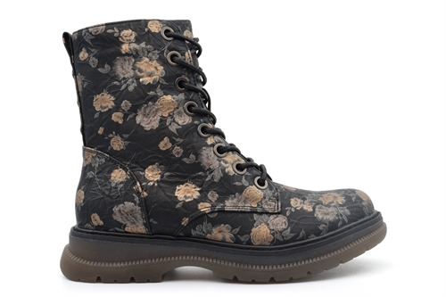 Cipriata Womens Annetta Combat Boots/Ladies Military Boots With Memory Foam Black/Bronze Floral